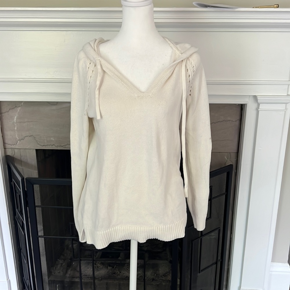 Ann Taylor Loft cream colored pull over hooded sweater, size extra small
